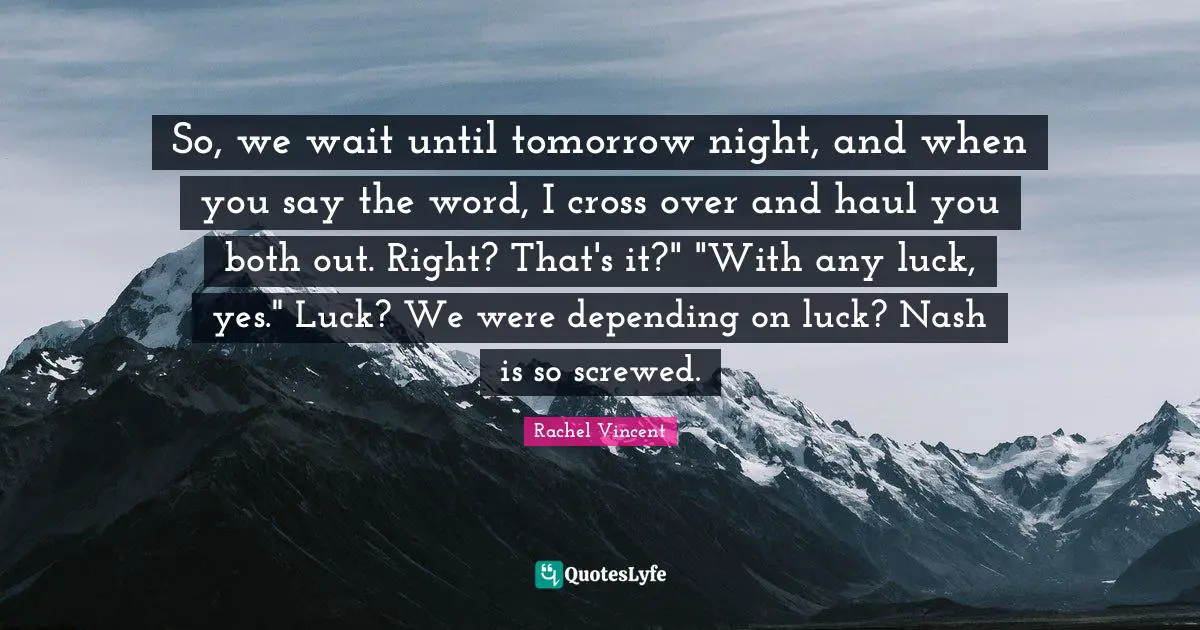 So, we wait until tomorrow night, and when you say the word, I cross over and haul you both out. Right? That's it?" "With any luck, yes." Luck? We were depending on luck? Nash is so screwed.
