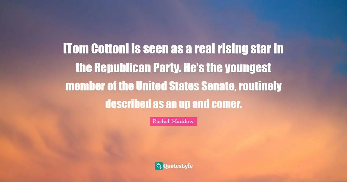 [Tom Cotton] is seen as a real rising star in the Republican Party. He's the youngest member of the United States Senate, routinely described as an up and comer.