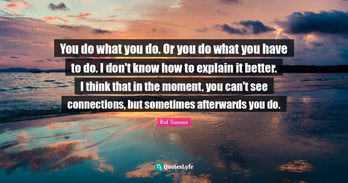 Ed Simons Quotes: "You do what you do. Or you do what you have to do. I don't know how to explain it better. I think that in the moment, you can't see connections, but sometimes afterwards you do."