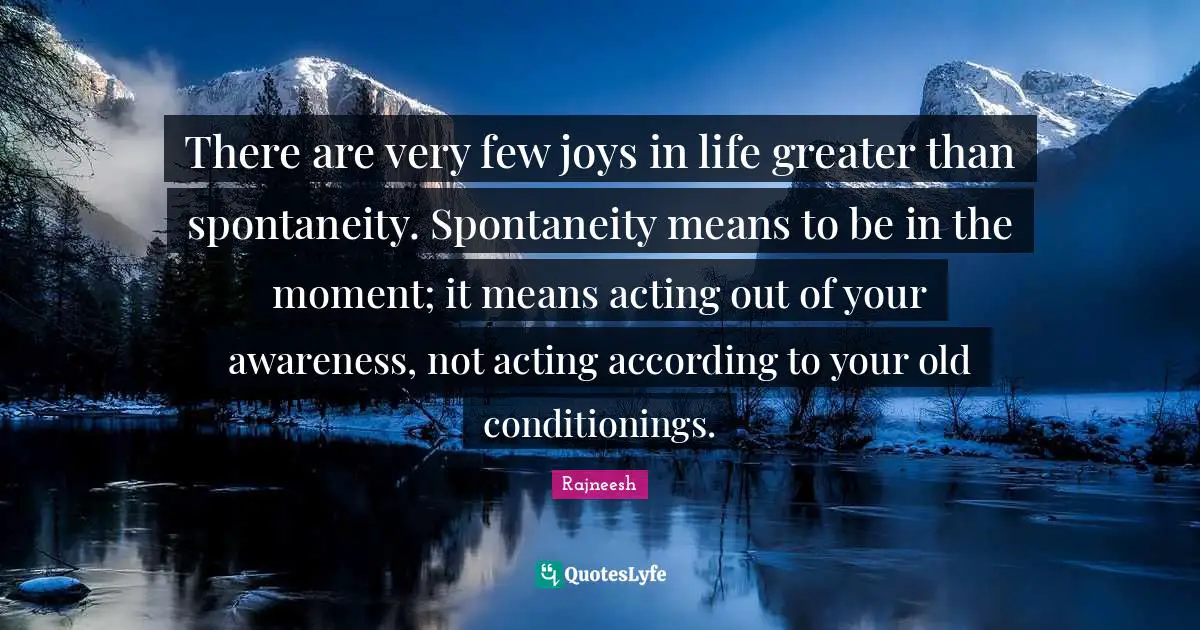 Spontaneity Quotes: "There are very few joys in life greater than spontaneity. Spontaneity means to be in the moment; it means acting out of your awareness, not acting according to your old conditionings."