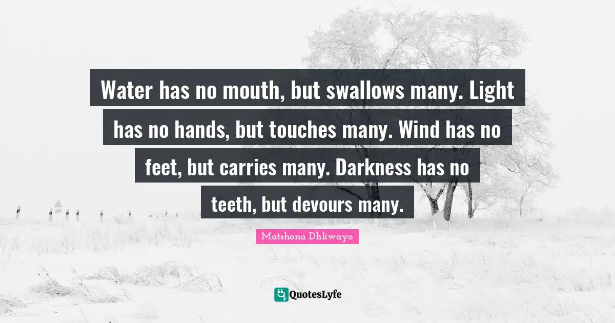 Water has no mouth, but swallows many. Light has no hands, but touches many. Wind has no feet, but carries many. Darkness has no teeth, but devours many.