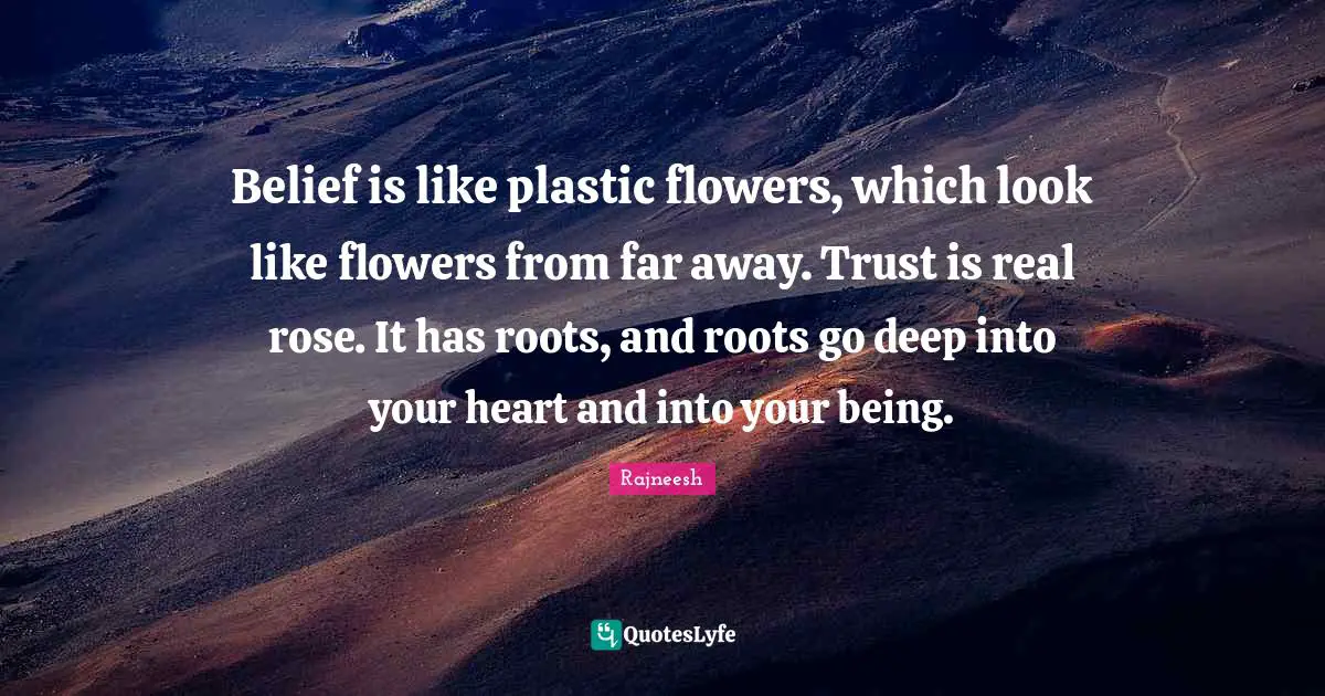 Belief is like plastic flowers, which look like flowers from far away. Trust is real rose. It has roots, and roots go deep into your heart and into your being.