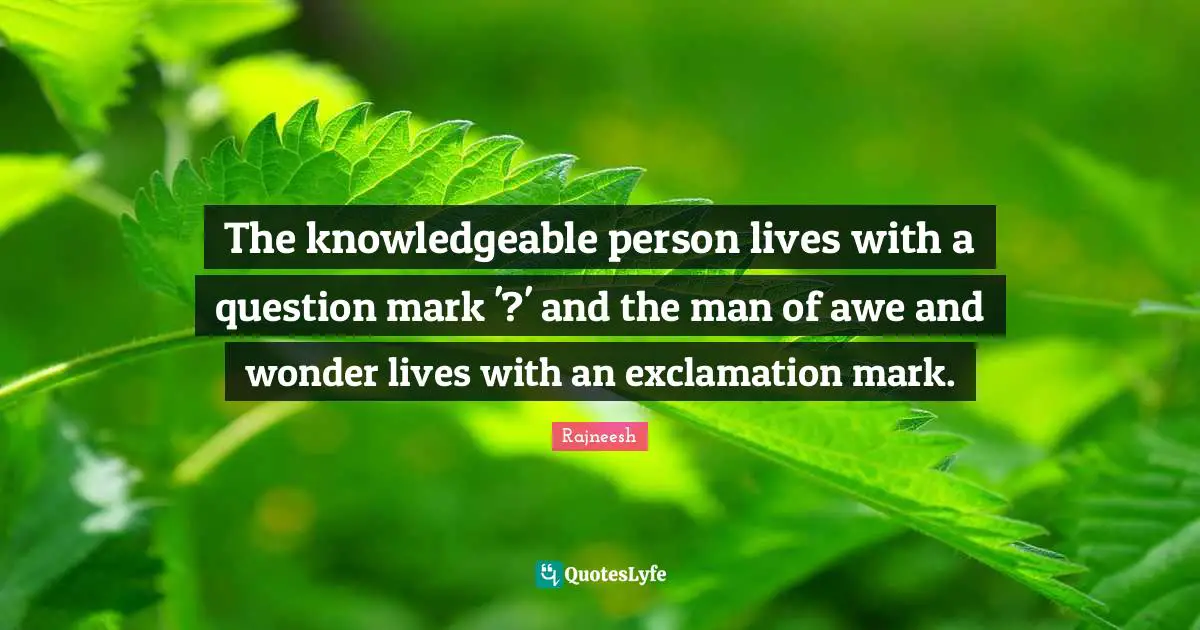 The knowledgeable person lives with a question mark '?' and the man of awe and wonder lives with an exclamation mark.