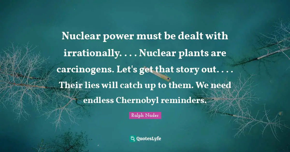 Nuclear power must be dealt with irrationally. . . . Nuclear plants are carcinogens. Let's get that story out. . . . Their lies will catch up to them. We need endless Chernobyl reminders.