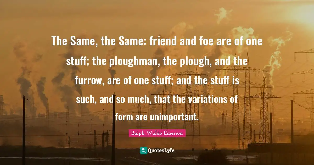 The Same, the Same: friend and foe are of one stuff; the ploughman, the plough, and the furrow, are of one stuff; and the stuff is such, and so much, that the variations of form are unimportant.
