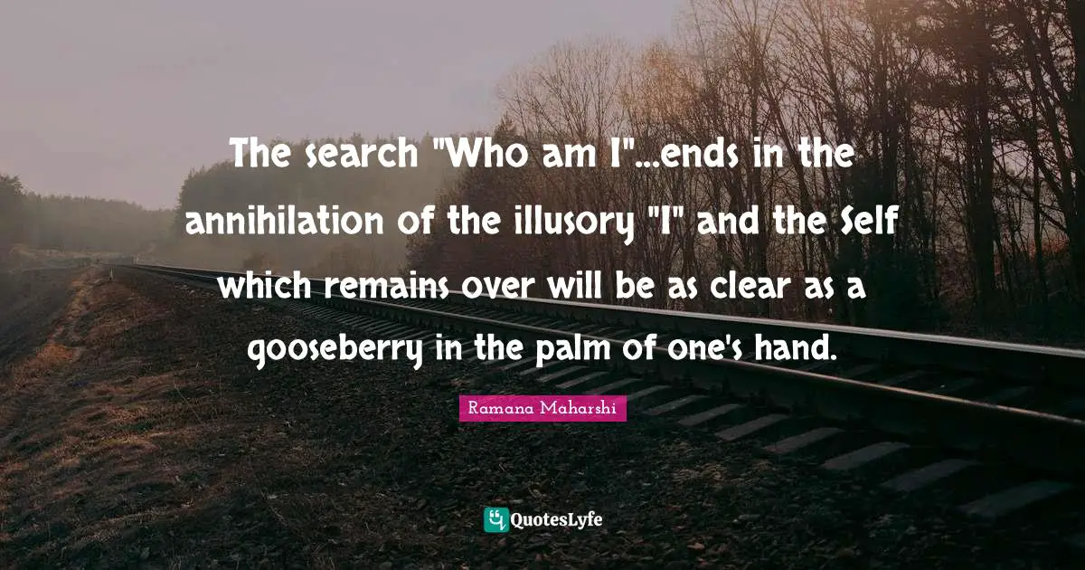 The search "Who am I"...ends in the annihilation of the illusory "I" and the Self which remains over will be as clear as a gooseberry in the palm of one's hand.