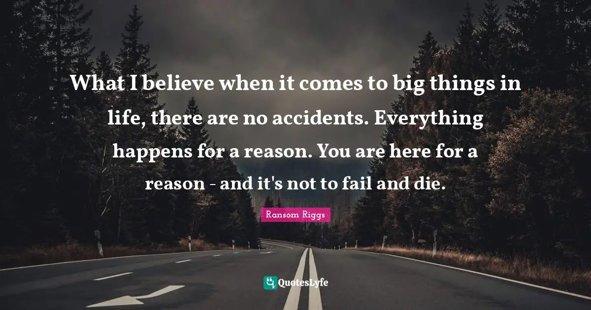 What I believe when it comes to big things in life, there are no accidents. Everything happens for a reason. You are here for a reason - and it's not to fail and die.