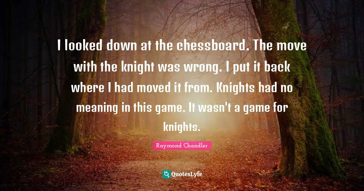 I looked down at the chessboard. The move with the knight was wrong. I put it back where I had moved it from. Knights had no meaning in this game. It wasn't a game for knights.