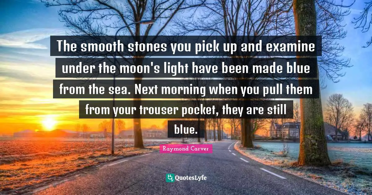 The smooth stones you pick up and examine under the moon's light have been made blue from the sea. Next morning when you pull them from your trouser pocket, they are still blue.