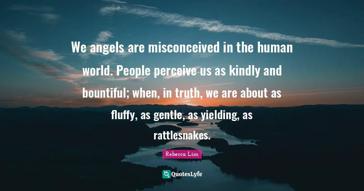 Rattlesnakes Quotes: "We angels are misconceived in the human world. People perceive us as kindly and bountiful; when, in truth, we are about as fluffy, as gentle, as yielding, as rattlesnakes."