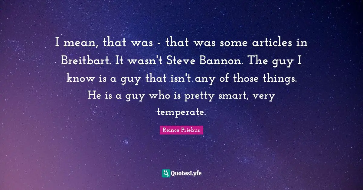 I mean, that was - that was some articles in Breitbart. It wasn't Steve Bannon. The guy I know is a guy that isn't any of those things. He is a guy who is pretty smart, very temperate.