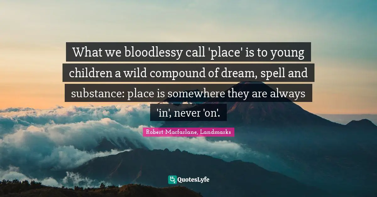 What we bloodlessy call 'place' is to young children a wild compound of dream, spell and substance: place is somewhere they are always 'in', never 'on'.