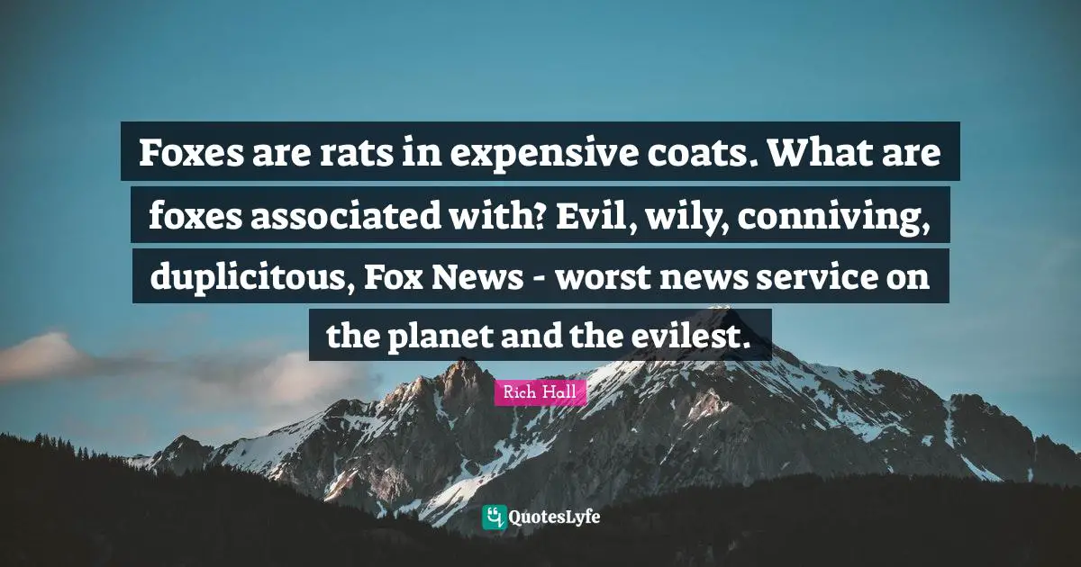 Rich Hall Quotes: "Foxes are rats in expensive coats. What are foxes associated with? Evil, wily, conniving, duplicitous, Fox News - worst news service on the planet and the evilest."