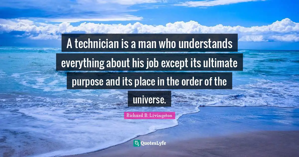 A technician is a man who understands everything about his job except its ultimate purpose and its place in the order of the universe.