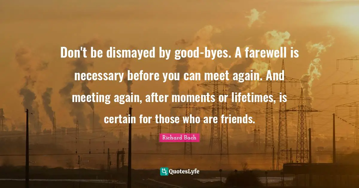Certain Quotes: "Don't be dismayed by good-byes. A farewell is necessary before you can meet again. And meeting again, after moments or lifetimes, is certain for those who are friends."