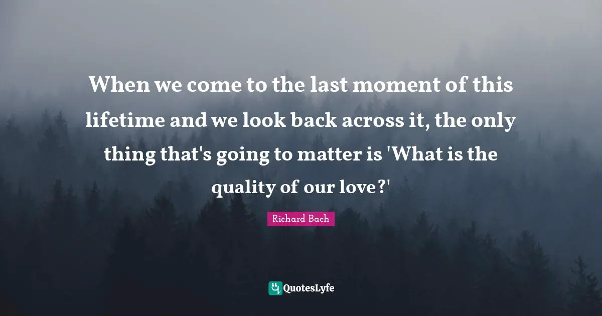 Richard Bach Quotes: "When we come to the last moment of this lifetime and we look back across it, the only thing that's going to matter is 'What is the quality of our love?'"