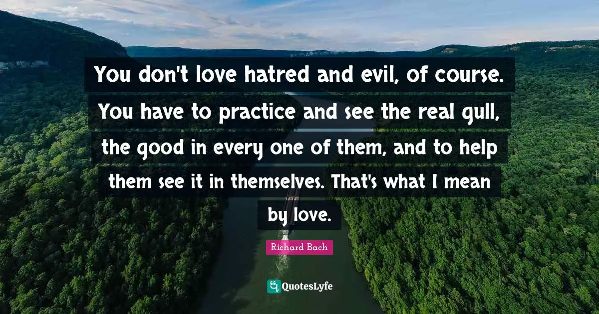 Richard Bach Quotes: "You don't love hatred and evil, of course. You have to practice and see the real gull, the good in every one of them, and to help them see it in themselves. That's what I mean by love."