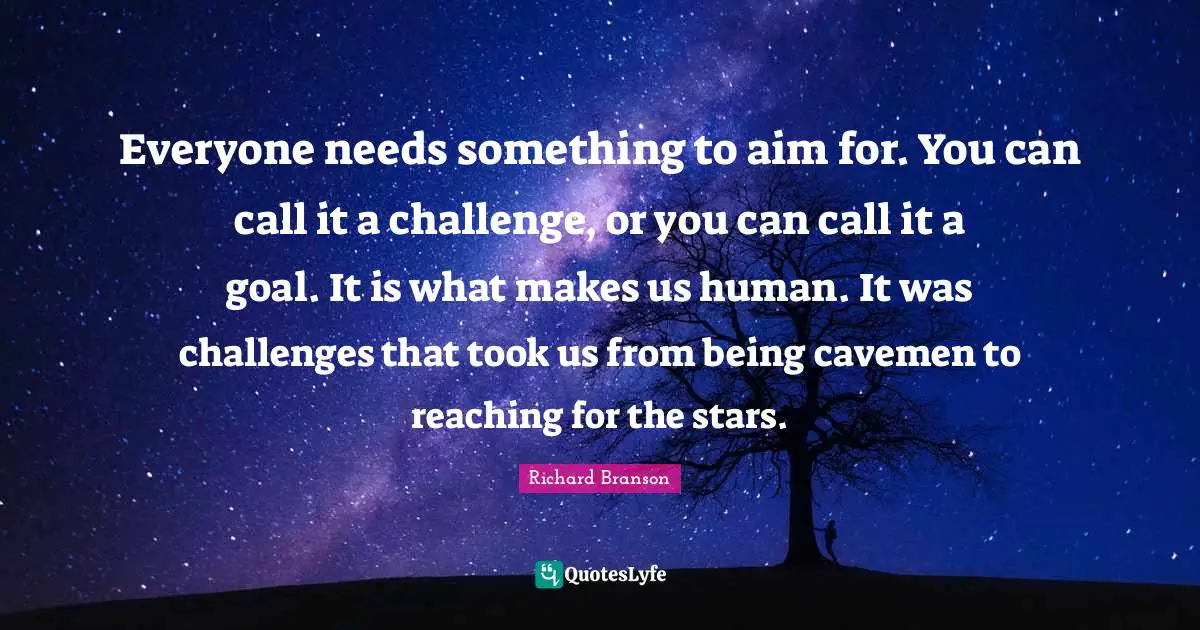 Reaching For The Stars Quotes: "Everyone needs something to aim for. You can call it a challenge, or you can call it a goal. It is what makes us human. It was challenges that took us from being cavemen to reaching for the stars."