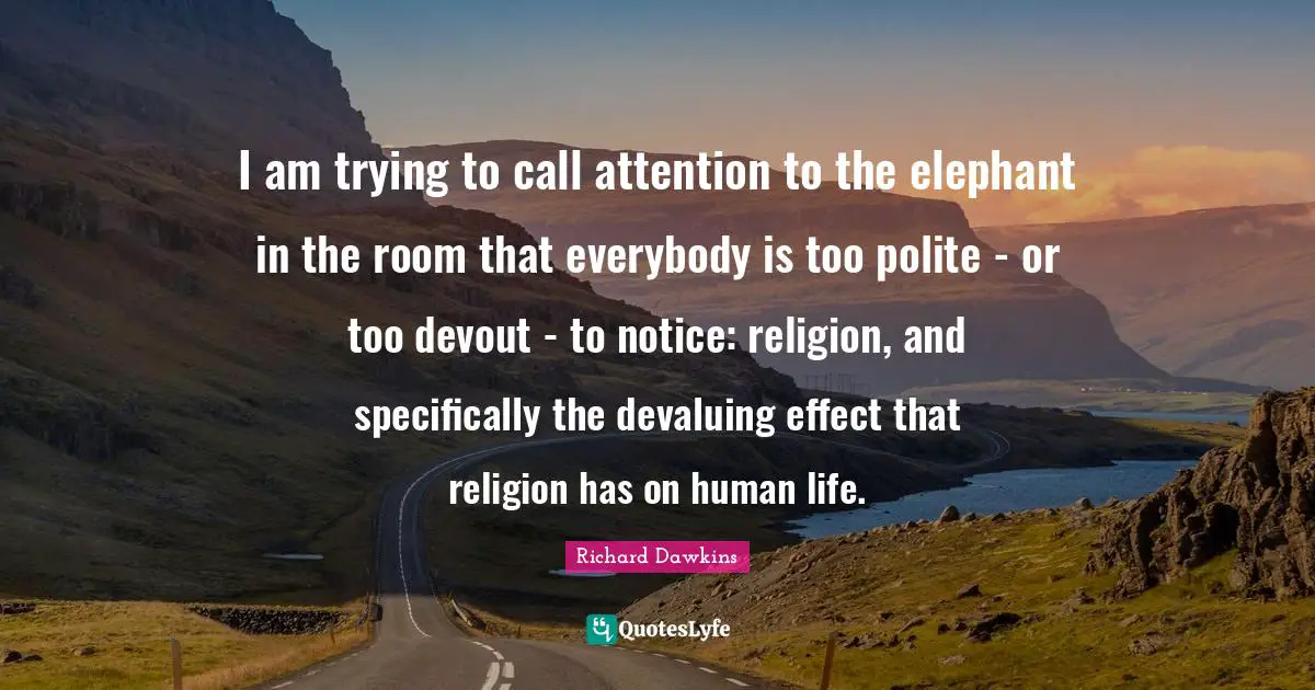 I am trying to call attention to the elephant in the room that everybody is too polite - or too devout - to notice: religion, and specifically the devaluing effect that religion has on human life.