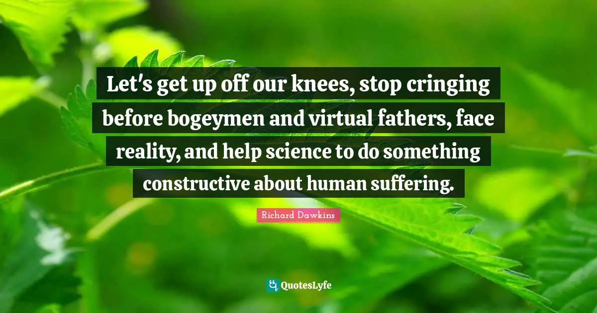 Let's get up off our knees, stop cringing before bogeymen and virtual fathers, face reality, and help science to do something constructive about human suffering.