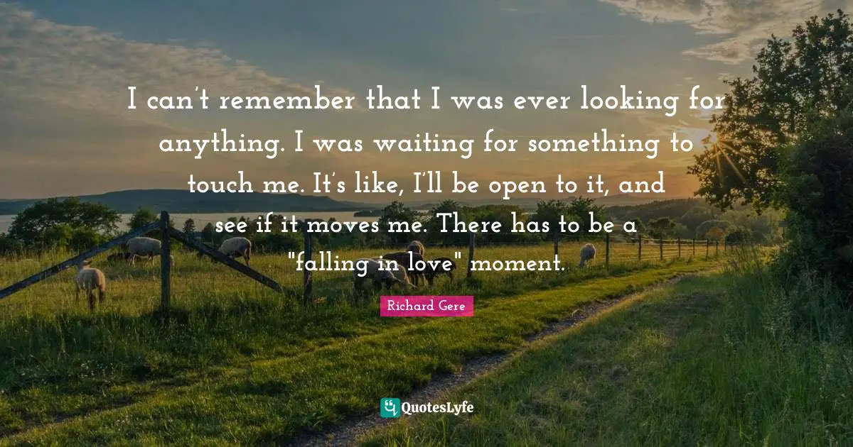 Richard Gere Quotes: "I can’t remember that I was ever looking for anything. I was waiting for something to touch me. It’s like, I’ll be open to it, and see if it moves me. There has to be a "falling in love" moment."