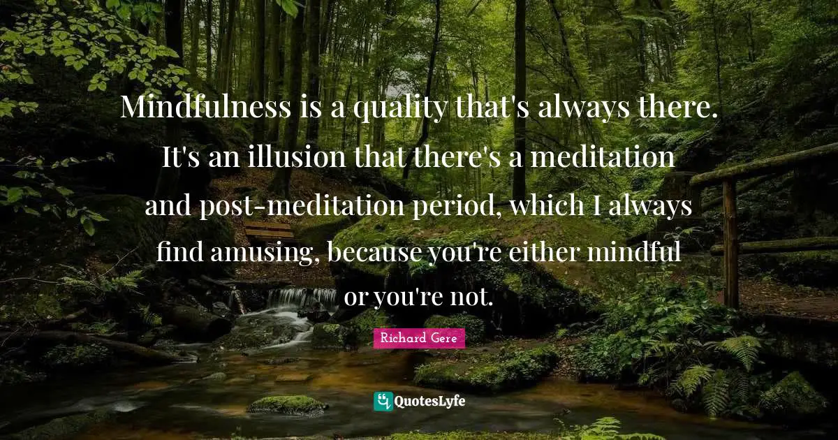 Richard Gere Quotes: "Mindfulness is a quality that's always there. It's an illusion that there's a meditation and post-meditation period, which I always find amusing, because you're either mindful or you're not."