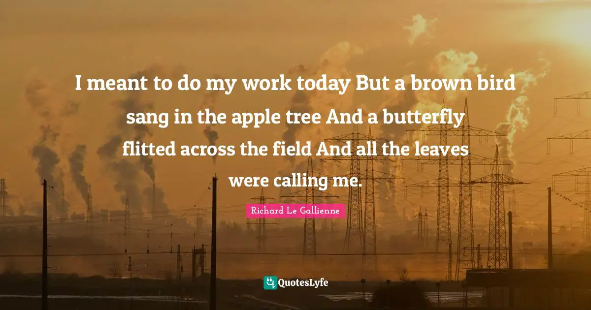 Richard Le Gallienne Quotes: "I meant to do my work today But a brown bird sang in the apple tree And a butterfly flitted across the field And all the leaves were calling me."