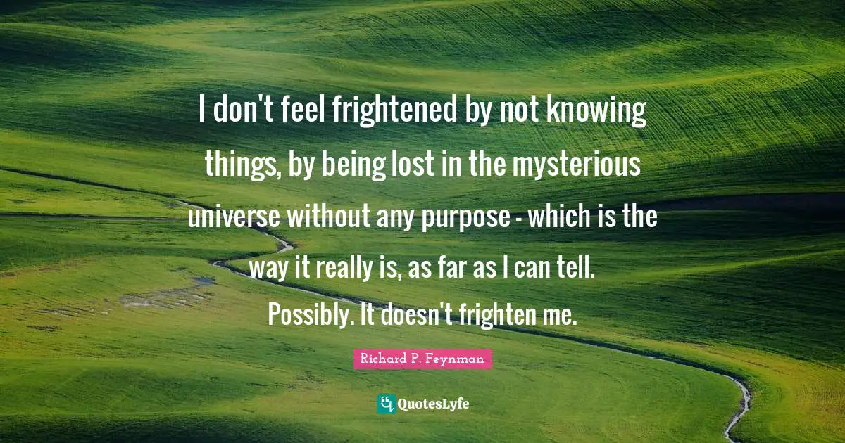 I don't feel frightened by not knowing things, by being lost in the mysterious universe without any purpose - which is the way it really is, as far as I can tell. Possibly. It doesn't frighten me.