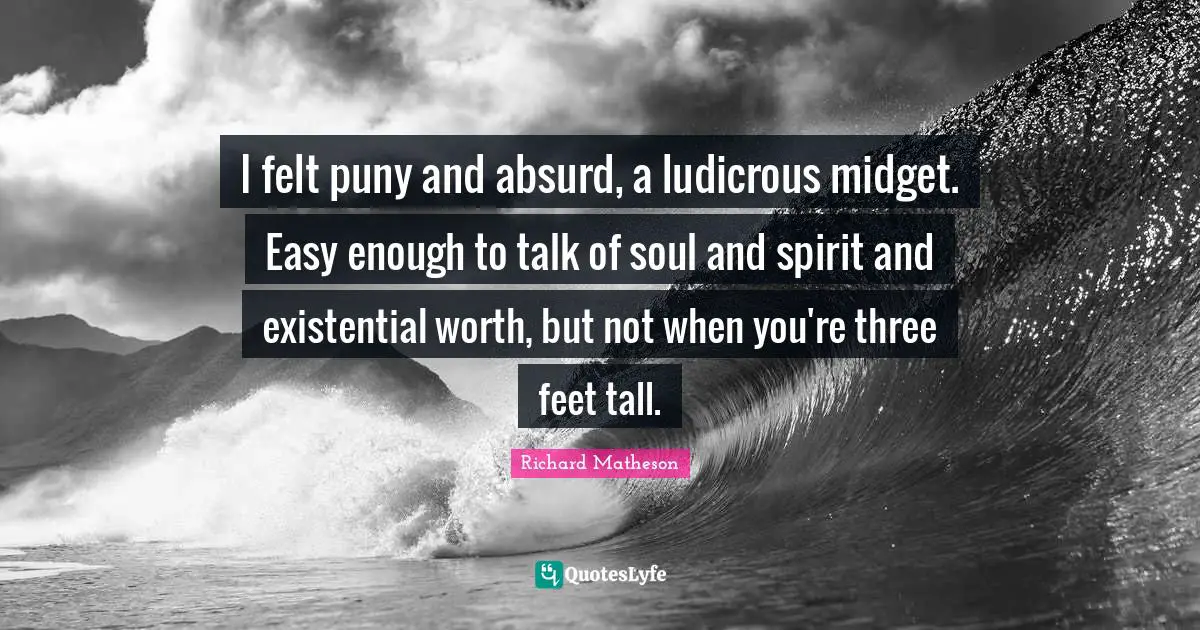 I felt puny and absurd, a ludicrous midget. Easy enough to talk of soul and spirit and existential worth, but not when you're three feet tall.