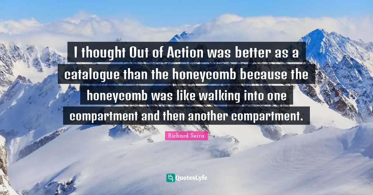 Richard Serra Quotes: "I thought Out of Action was better as a catalogue than the honeycomb because the honeycomb was like walking into one compartment and then another compartment."