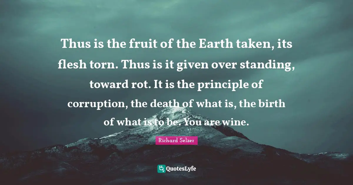 Thus is the fruit of the Earth taken, its flesh torn. Thus is it given over standing, toward rot. It is the principle of corruption, the death of what is, the birth of what is to be. You are wine.