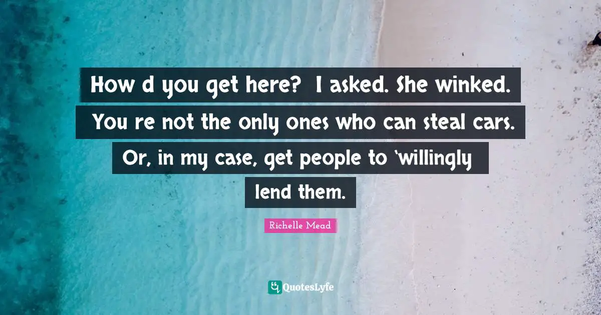 Howʹd you get here?ʺ I asked. She winked. ʺYouʹre not the only ones who can steal cars. Or, in my case, get people to ‘willinglyʹ lend them.