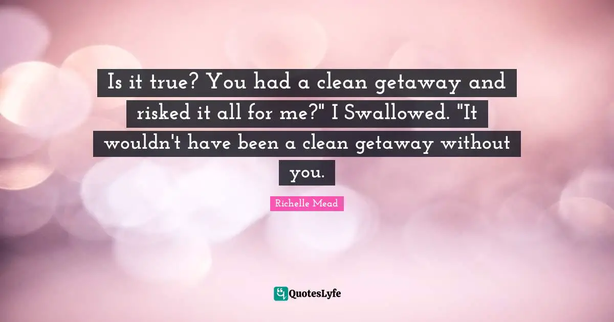 Is it true? You had a clean getaway and risked it all for me?" I Swallowed. "It wouldn't have been a clean getaway without you.