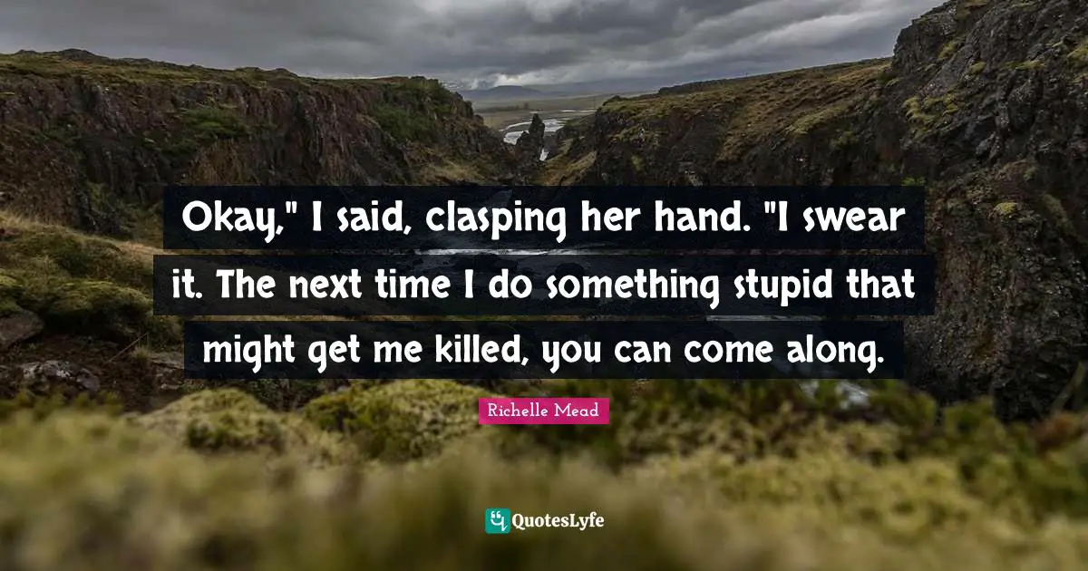 Okay," I said, clasping her hand. "I swear it. The next time I do something stupid that might get me killed, you can come along.