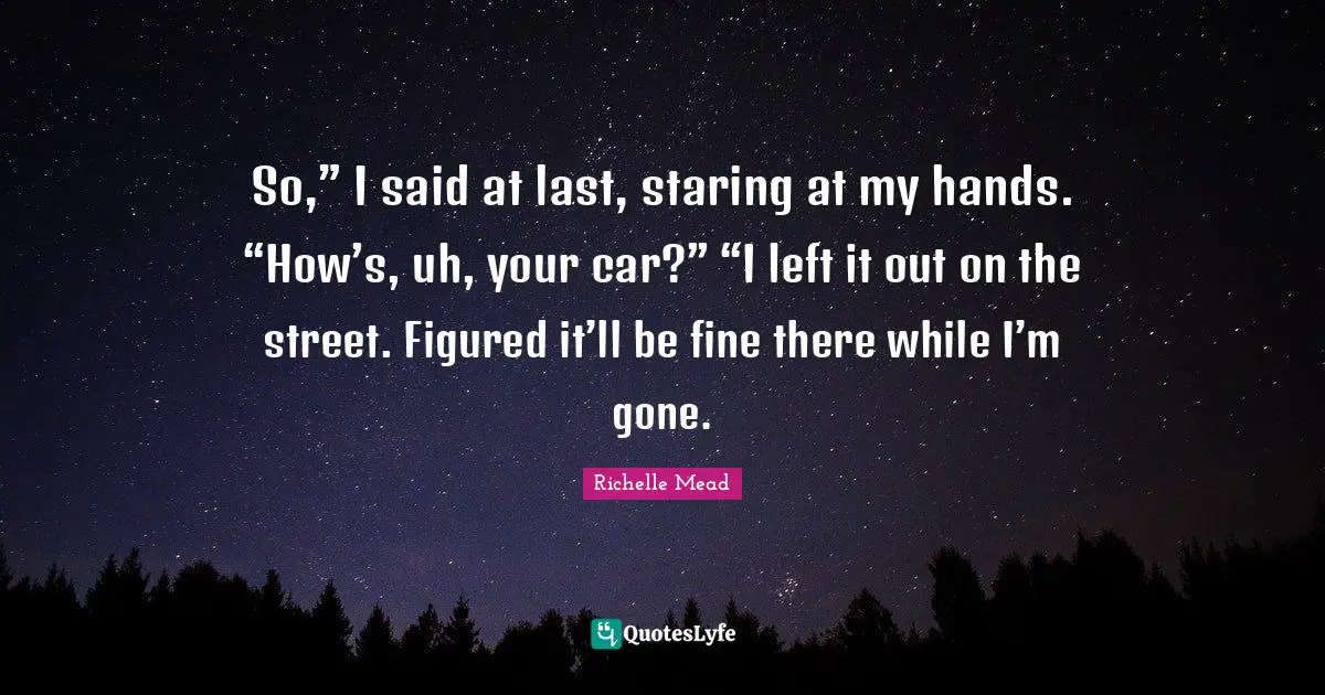 So,” I said at last, staring at my hands. “How’s, uh, your car?” “I left it out on the street. Figured it’ll be fine there while I’m gone.