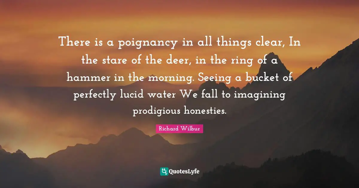 There is a poignancy in all things clear, In the stare of the deer, in the ring of a hammer in the morning. Seeing a bucket of perfectly lucid water We fall to imagining prodigious honesties.