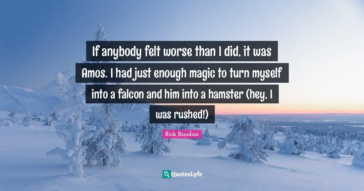 If anybody felt worse than I did, it was Amos. I had just enough magic to turn myself into a falcon and him into a hamster (hey, I was rushed!)