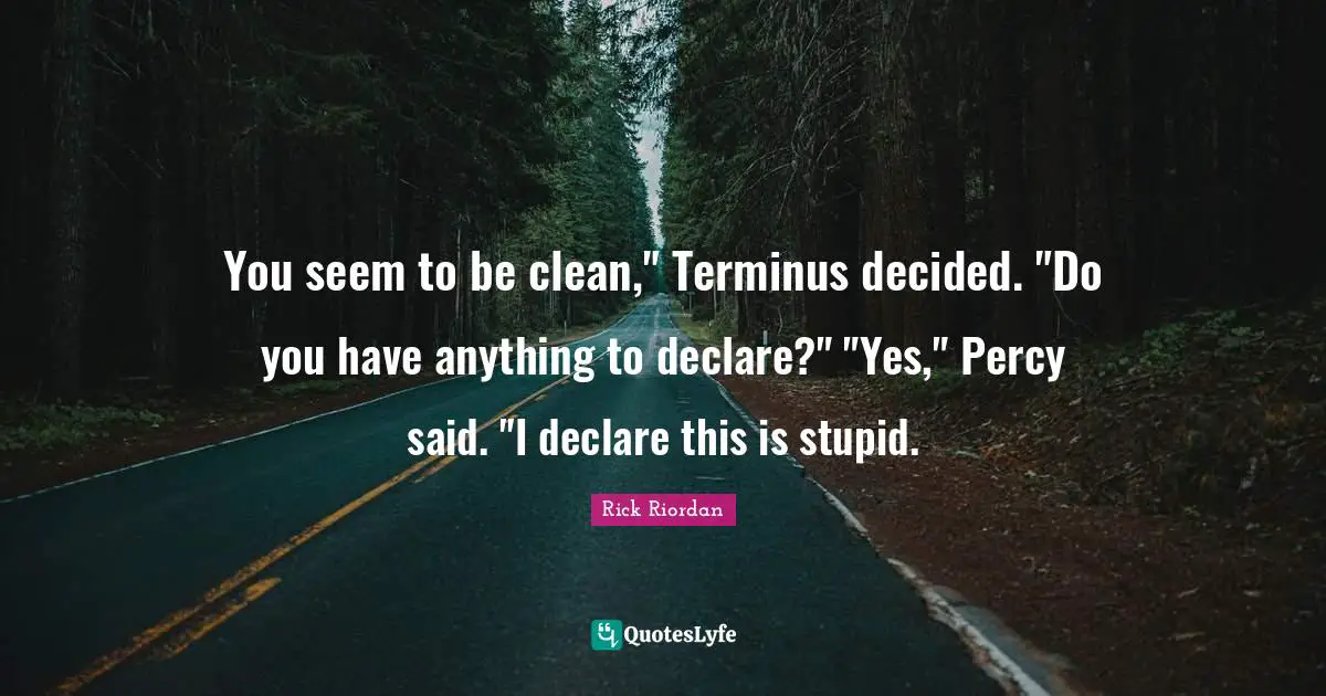 You seem to be clean," Terminus decided. "Do you have anything to declare?" "Yes," Percy said. "I declare this is stupid.